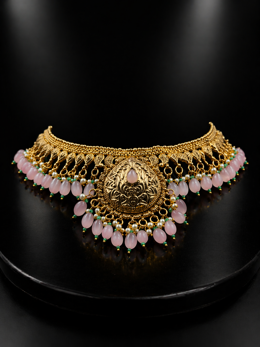 Antique Gold Finish 925 Sterling Silver Choker Necklace Set with Pink Stone Drops & Earrings | Bridal Jewelry | Anantra