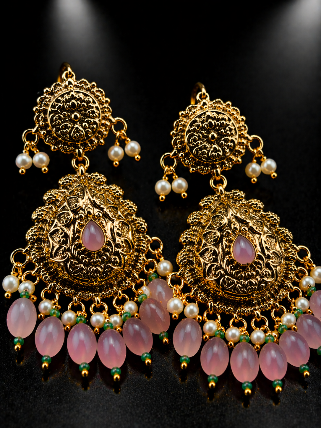 Antique Gold Finish 925 Sterling Silver Choker Necklace Set with Pink Stone Drops & Earrings | Bridal Jewelry | Anantra