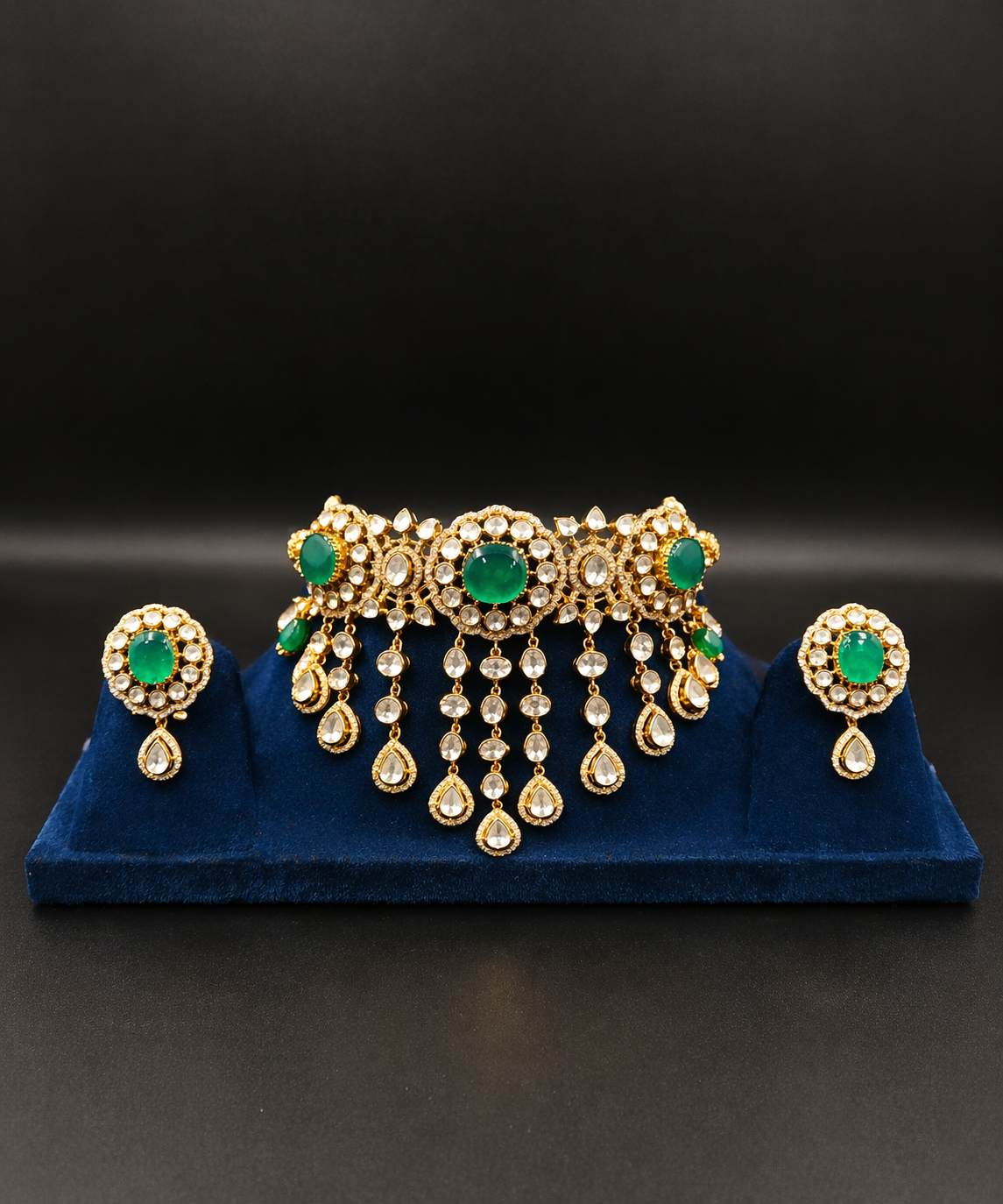 Polki Choker Necklace Set with Emerald Stones – 925 Sterling Silver Gold Plated Bridal Jewelry | Luxury Indian Wedding Set