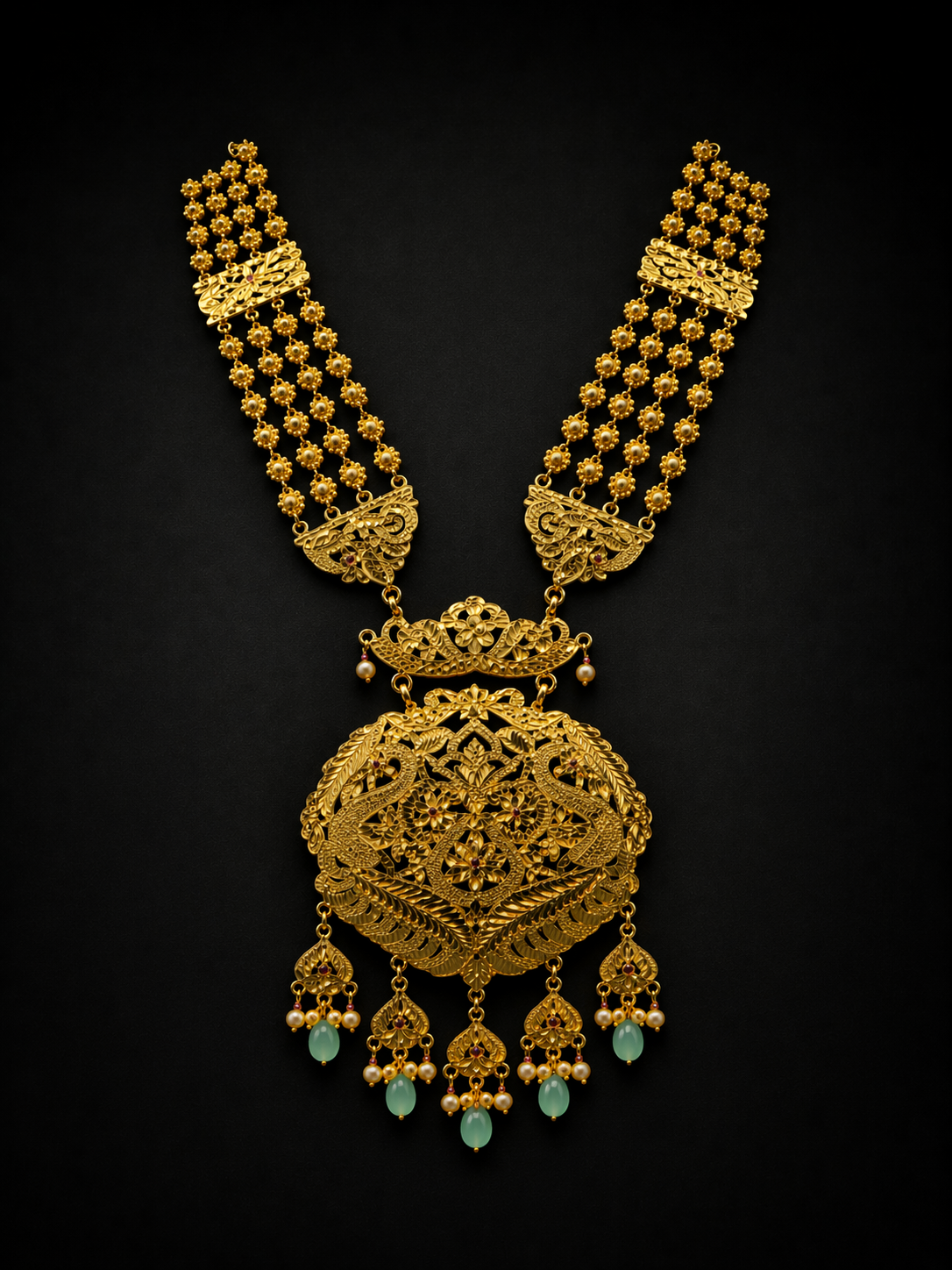925 Sterling Silver Raani Haar Necklace Set with Maang Tikka, Green Beads & Pearl Drops | Antique Bridal Jewelry | Anantra