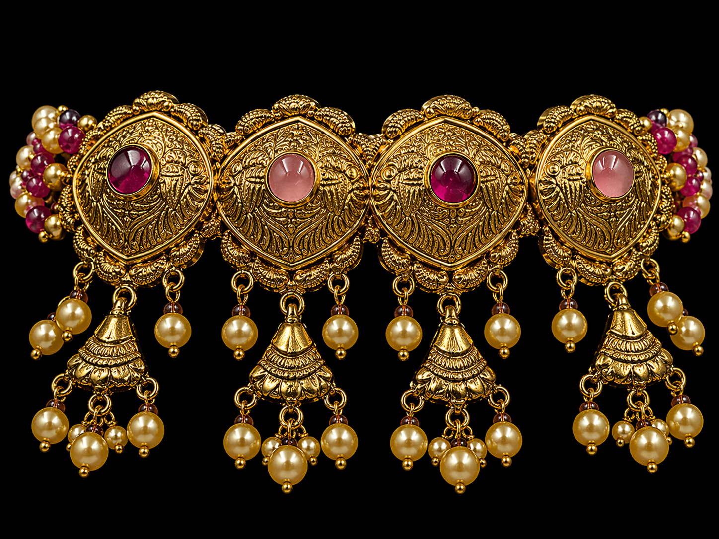 925 Sterling Silver Antique Choker Necklace Set with Ruby Stones & Pearl Drops | Bridal Temple Jewelry | Anantra
